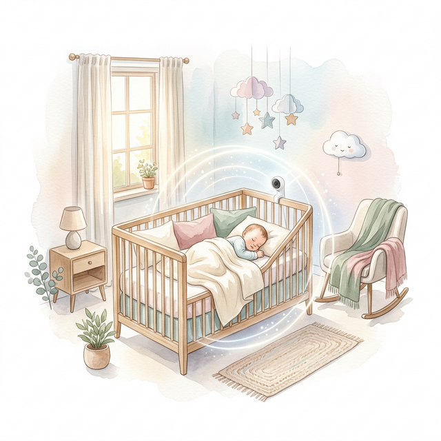 うきまるモニターのイメージイラスト — やさしい暖色の部屋で赤ちゃんが安らかに眠っている様子